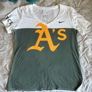 Nike Oakland A's Green and White Colorblock Tee with Yellow Logo